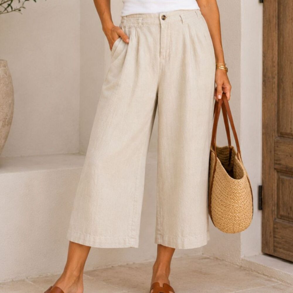 Linen, Crop, Capri, Y2K, Cottage, Boho, Resort, Wide Leg Pull-On Oatmeal Flowy M